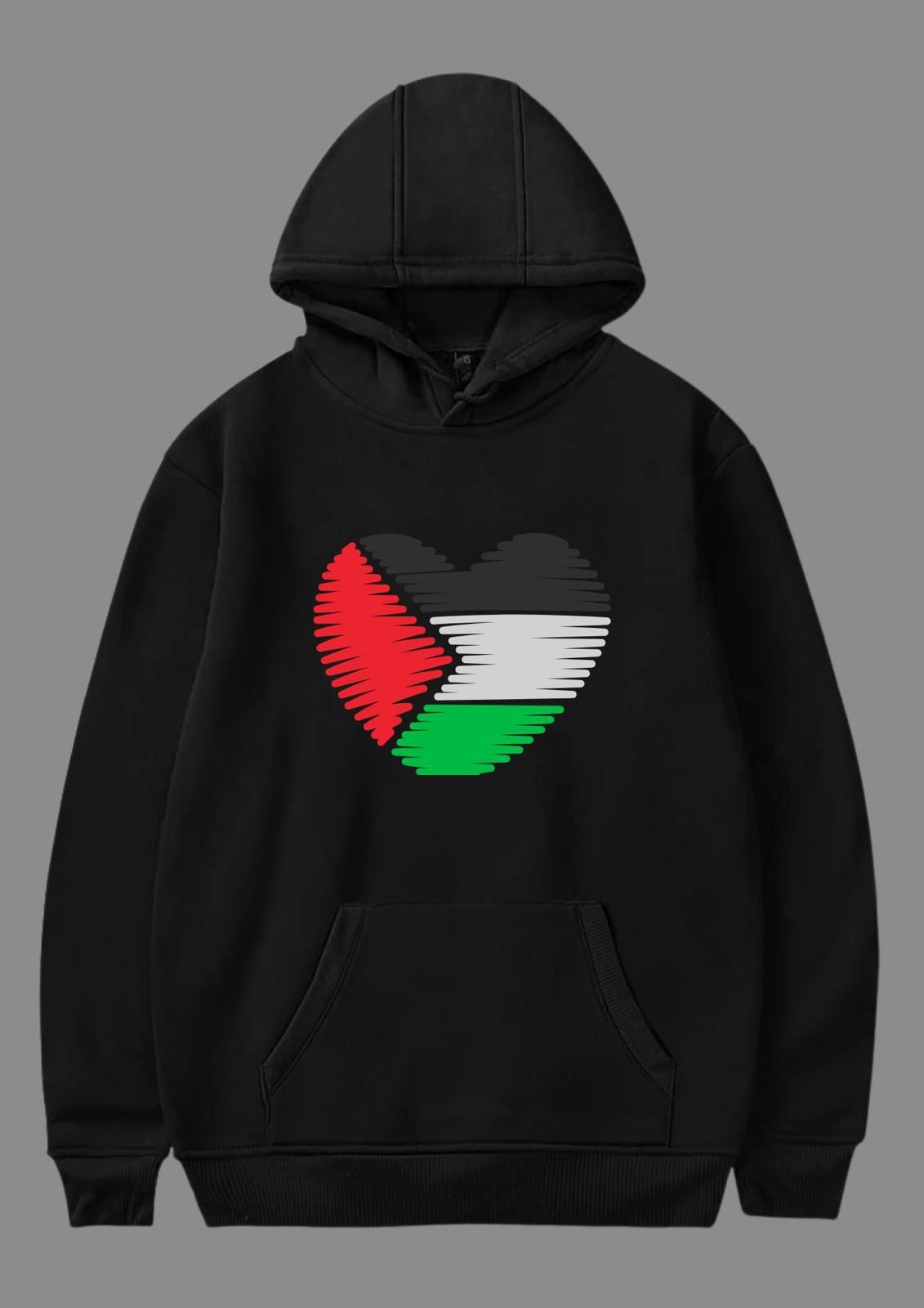 Filistin Bayrağı Temalı Kalp Baskılı Hoodie