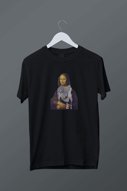 Kefiyeli Monalisa Baskılı Siyah Tişört