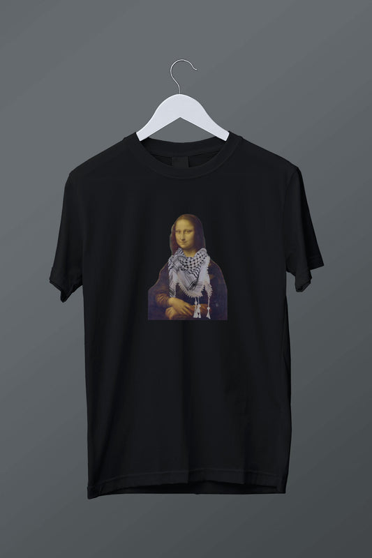 Kefiyeli Monalisa Baskılı Siyah Tişört