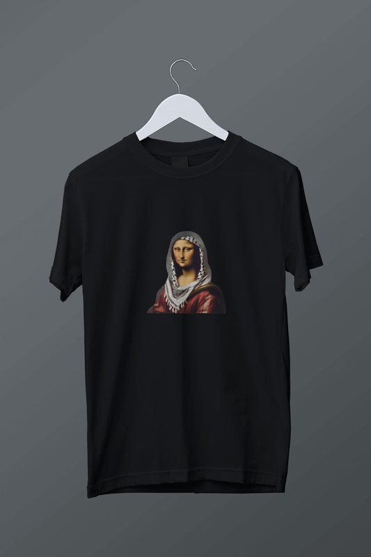 Kefiyeli Monalisa Baskılı Siyah Tişört