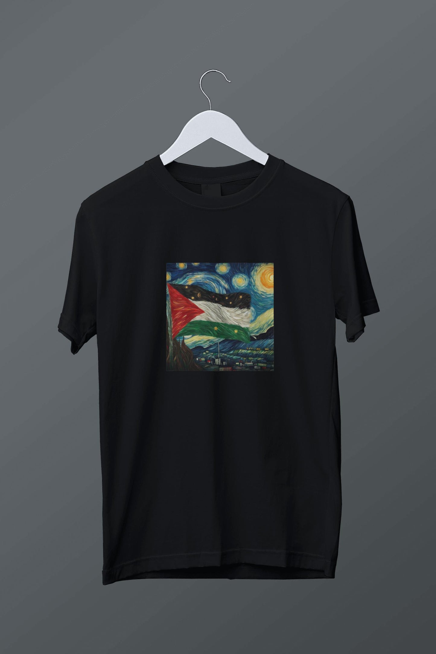 Van Gogh Filistin Bayrağı Temalı Baskılı Siyah Tişört