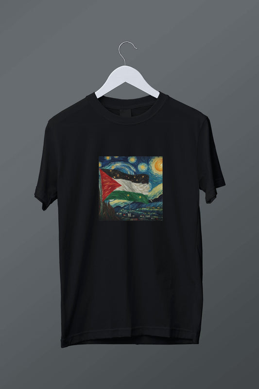 Van Gogh Filistin Bayrağı Temalı Baskılı Siyah Tişört